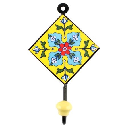 Turquoise Floral Ceramic Tile Hook